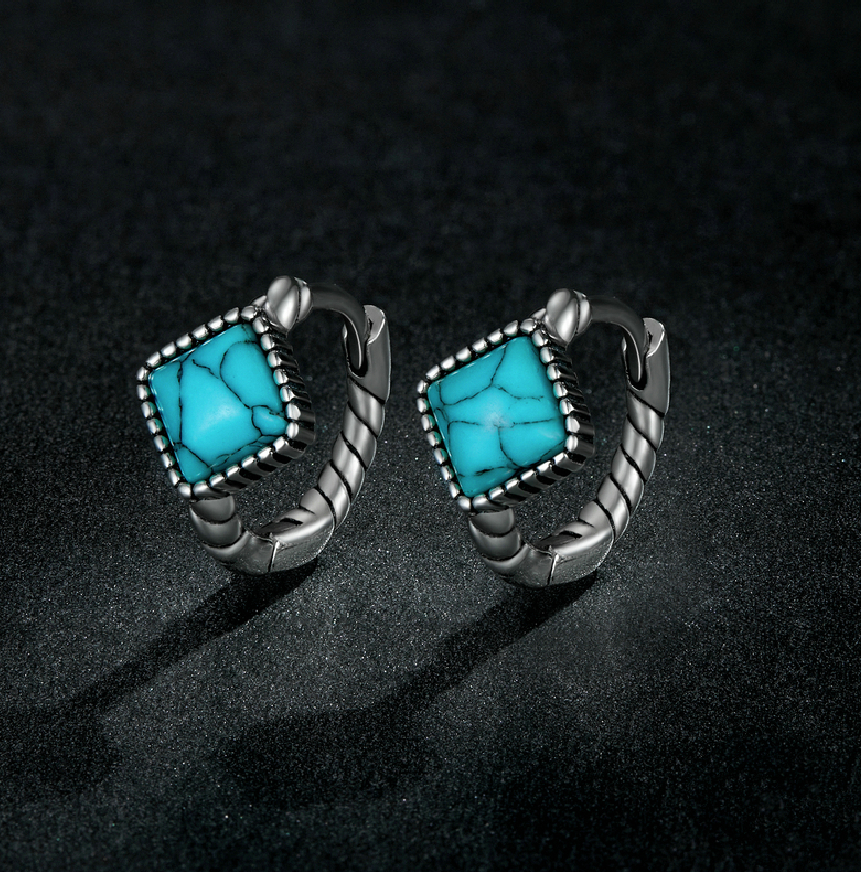 Silver Blue Square Turquoise Ear Buckles for Women