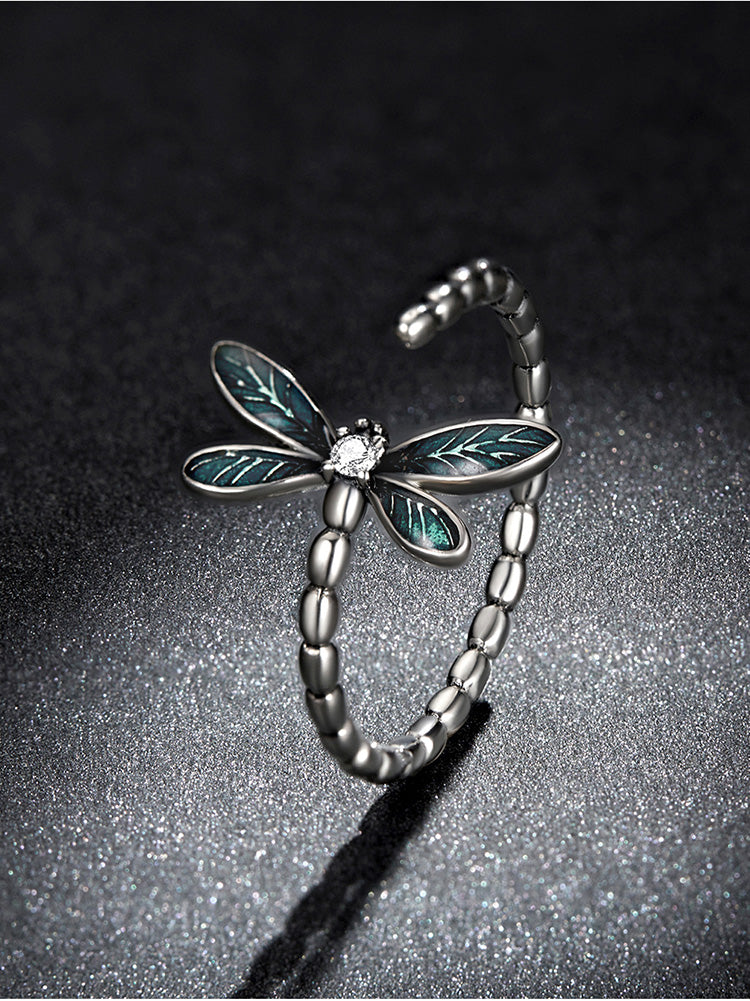 Vintage Green Dragonfly Ring 925 Sterling Silver