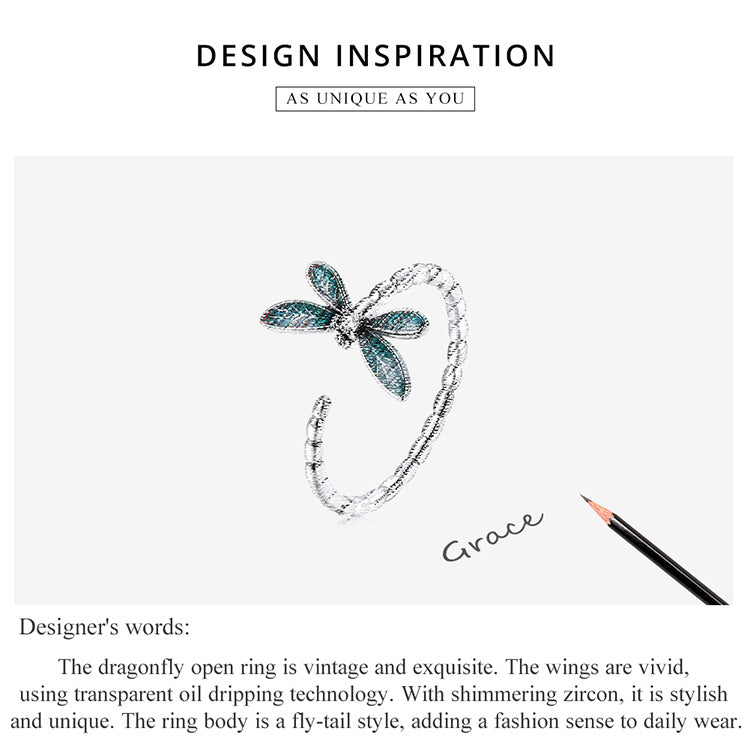 Vintage Green Dragonfly Ring 925 Sterling Silver