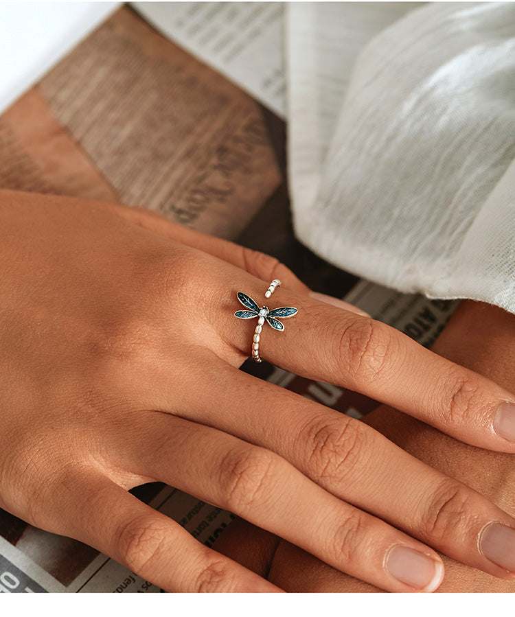 Vintage Green Dragonfly Ring 925 Sterling Silver
