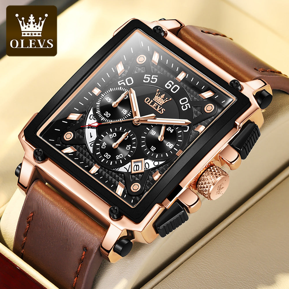 OLEVS Hollow Square Sport Leather Watch