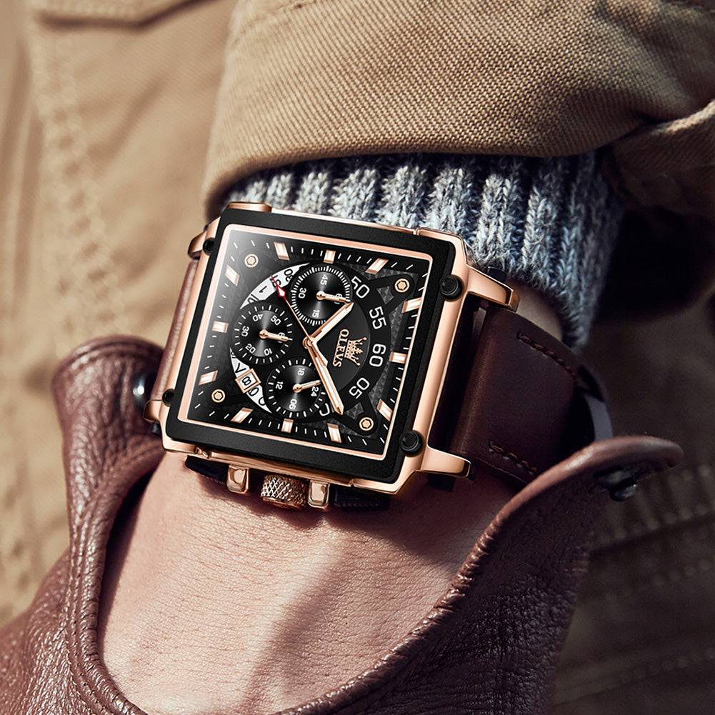 OLEVS Hollow Square Sport Leather Watch