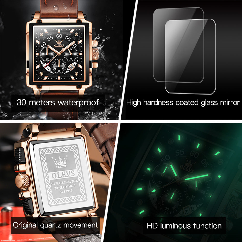 OLEVS Hollow Square Sport Leather Watch