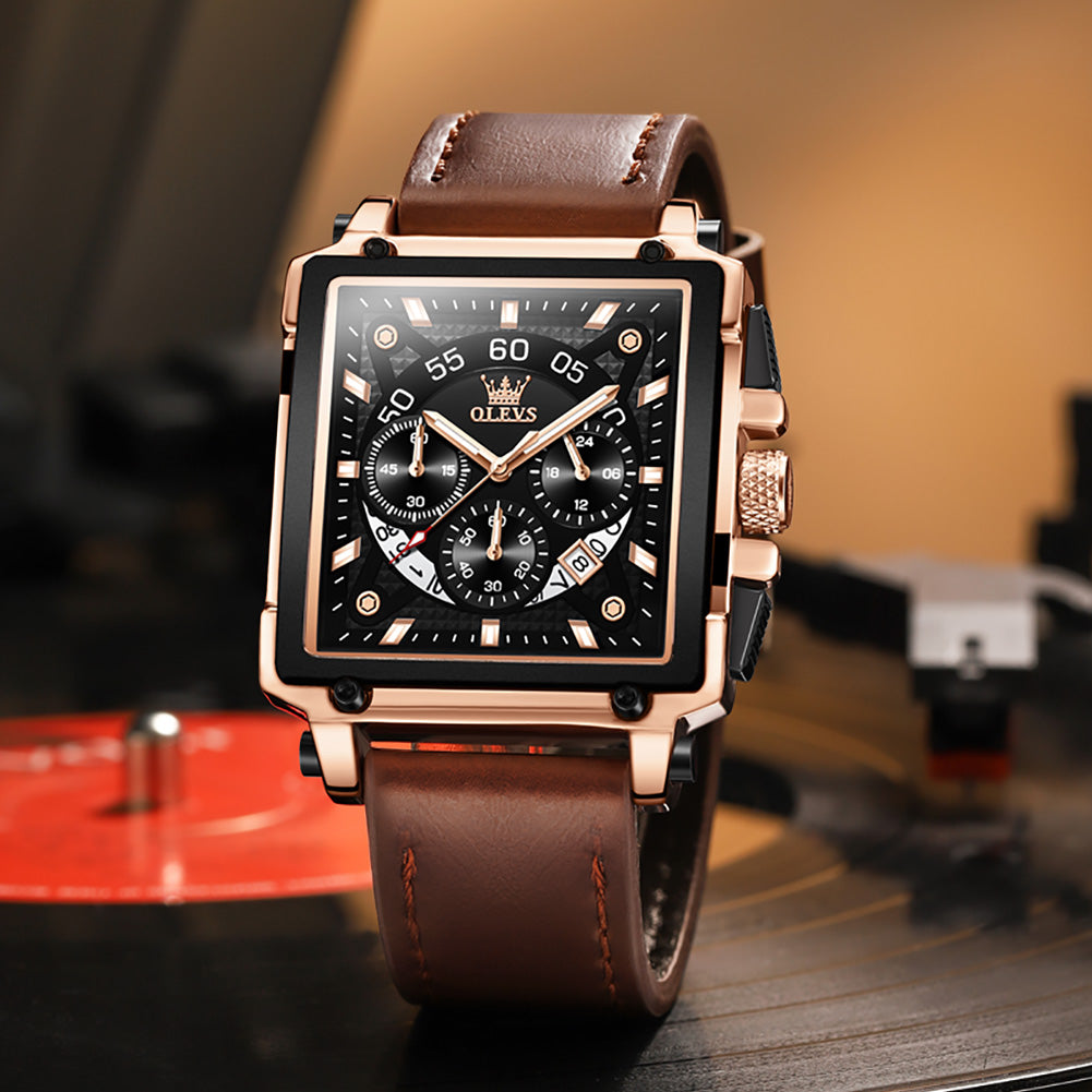 OLEVS Hollow Square Sport Leather Watch