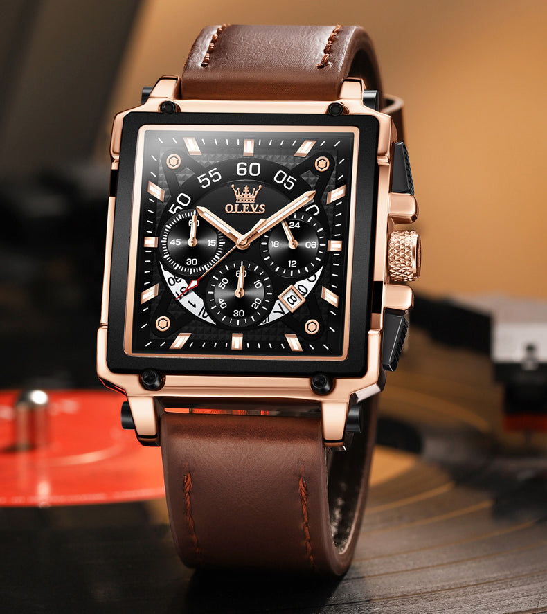 OLEVS Hollow Square Sport Leather Watch