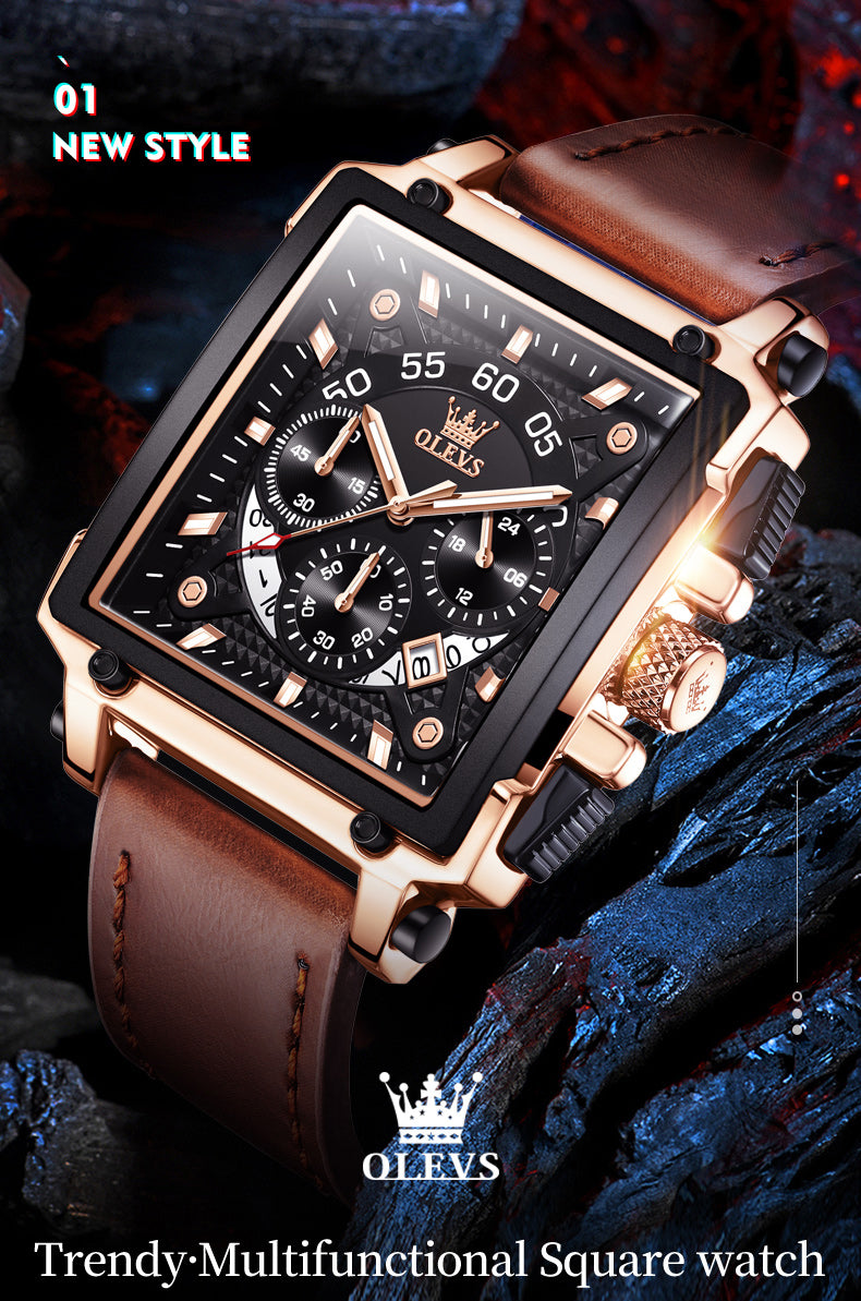 OLEVS Hollow Square Sport Leather Watch