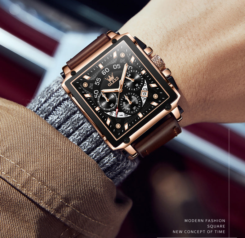 OLEVS Hollow Square Sport Leather Watch