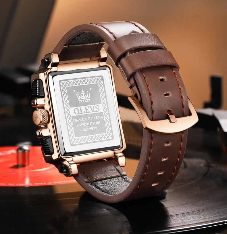 OLEVS Hollow Square Sport Leather Watch