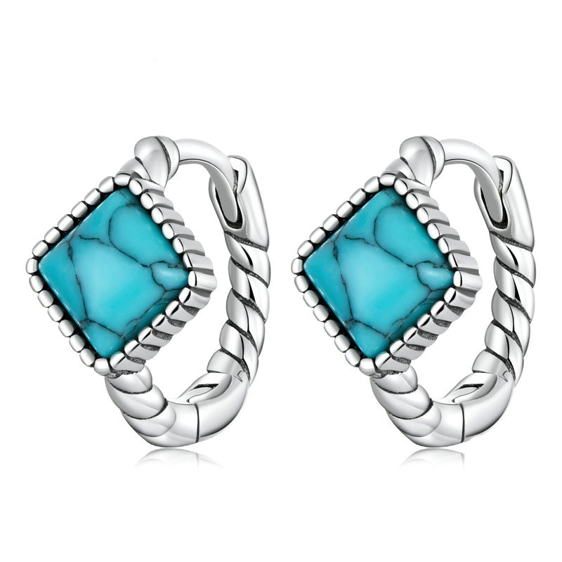 Silver Blue Square Turquoise Ear Buckles for Women