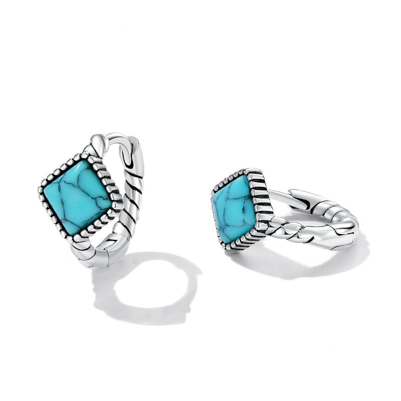 Silver Blue Square Turquoise Ear Buckles for Women