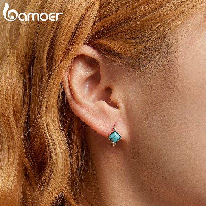 Silver Blue Square Turquoise Ear Buckles for Women