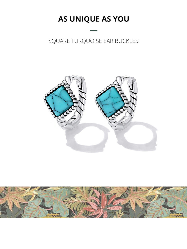 Silver Blue Square Turquoise Ear Buckles for Women