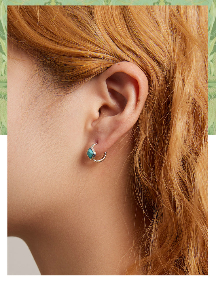 Silver Blue Square Turquoise Ear Buckles for Women