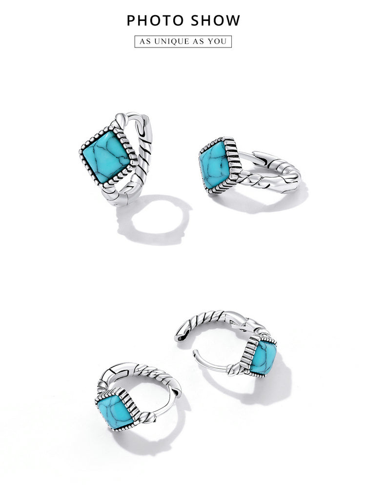 Silver Blue Square Turquoise Ear Buckles for Women