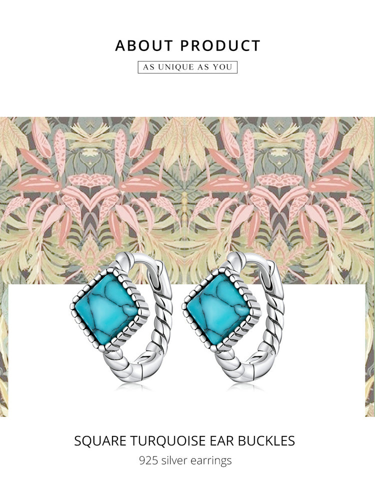 Silver Blue Square Turquoise Ear Buckles for Women