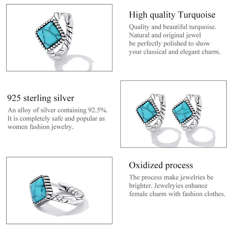 Silver Blue Square Turquoise Ear Buckles for Women